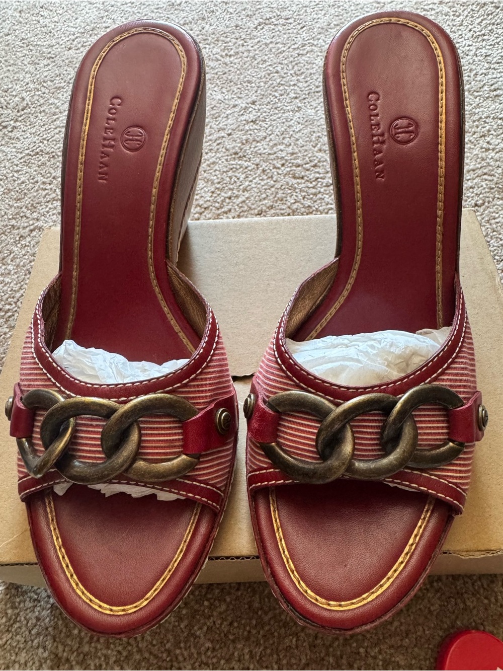 Cole Haan Red Leather Chain-Accent Slide Sandals